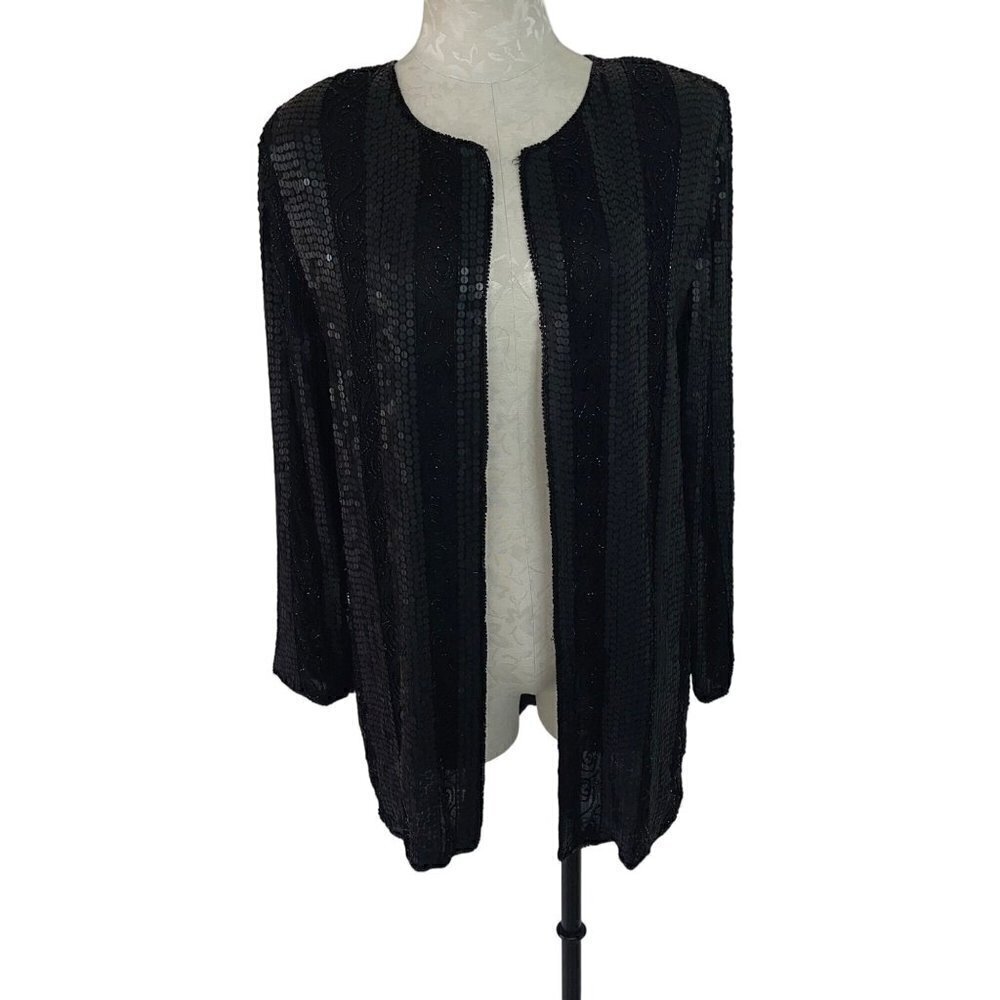 Jewel Queen Vintage Womens Jacket Size Large Black Sequin Beaded Silk